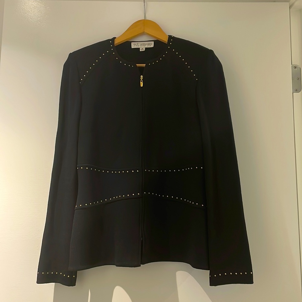 One of a kind St. John jacket! Black with gold dot embellishments throughout.